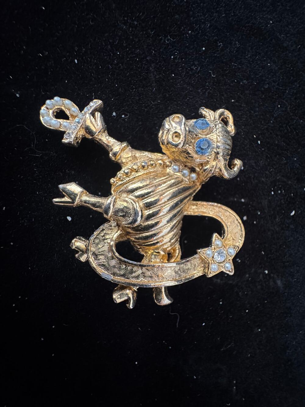 Brooch Bull Taurus Blue Rhinestone Repurposed Textured Gold Tone Vintage